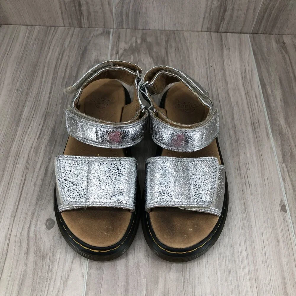Dr Martens Sandals Kids 13 Romi J Silver Crinkle Metallic Leather Hook and Loop